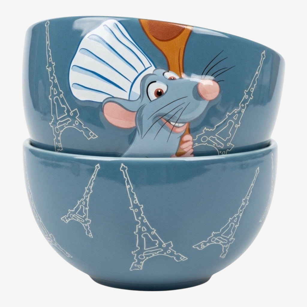 Once Upon Magic blue ceramic bowl featuring Remy the chef from Ratatouille with Eiffel Tower motifs. Disneyland Paris exclusive.