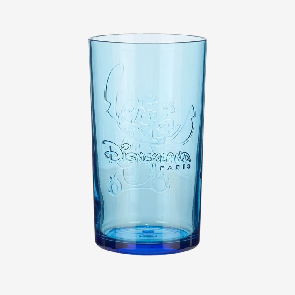 Once Upon Magic blue translucent plastic cup featuring embossed Stitch and Disneyland Paris logo, from the Aloha Hawaii collection.