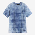 Once Upon Magic blue tie-dye cotton t-shirt with white stitching and a small logo patch on the hem.