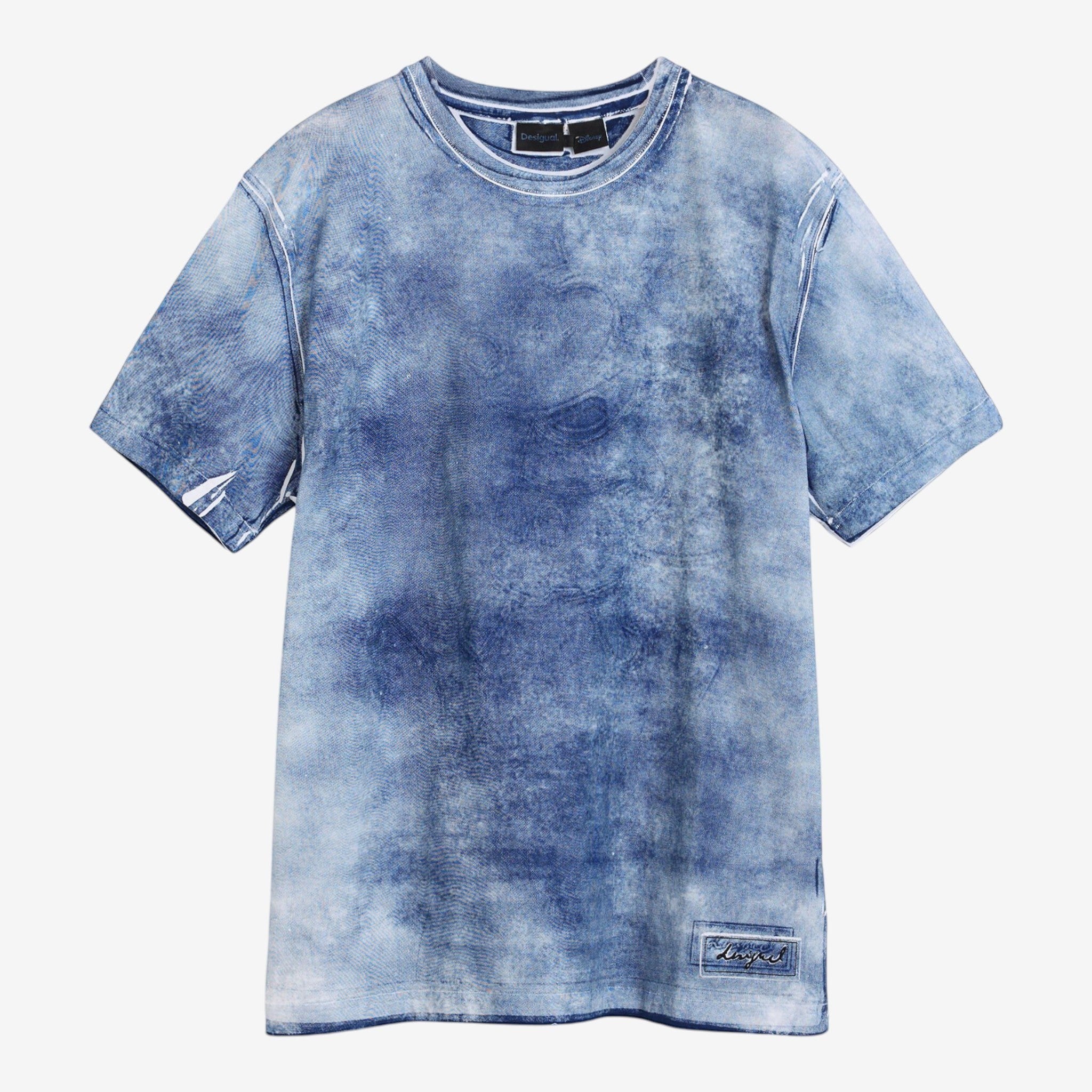 Once Upon Magic blue tie-dye cotton t-shirt with white stitching and a small logo patch on the hem.