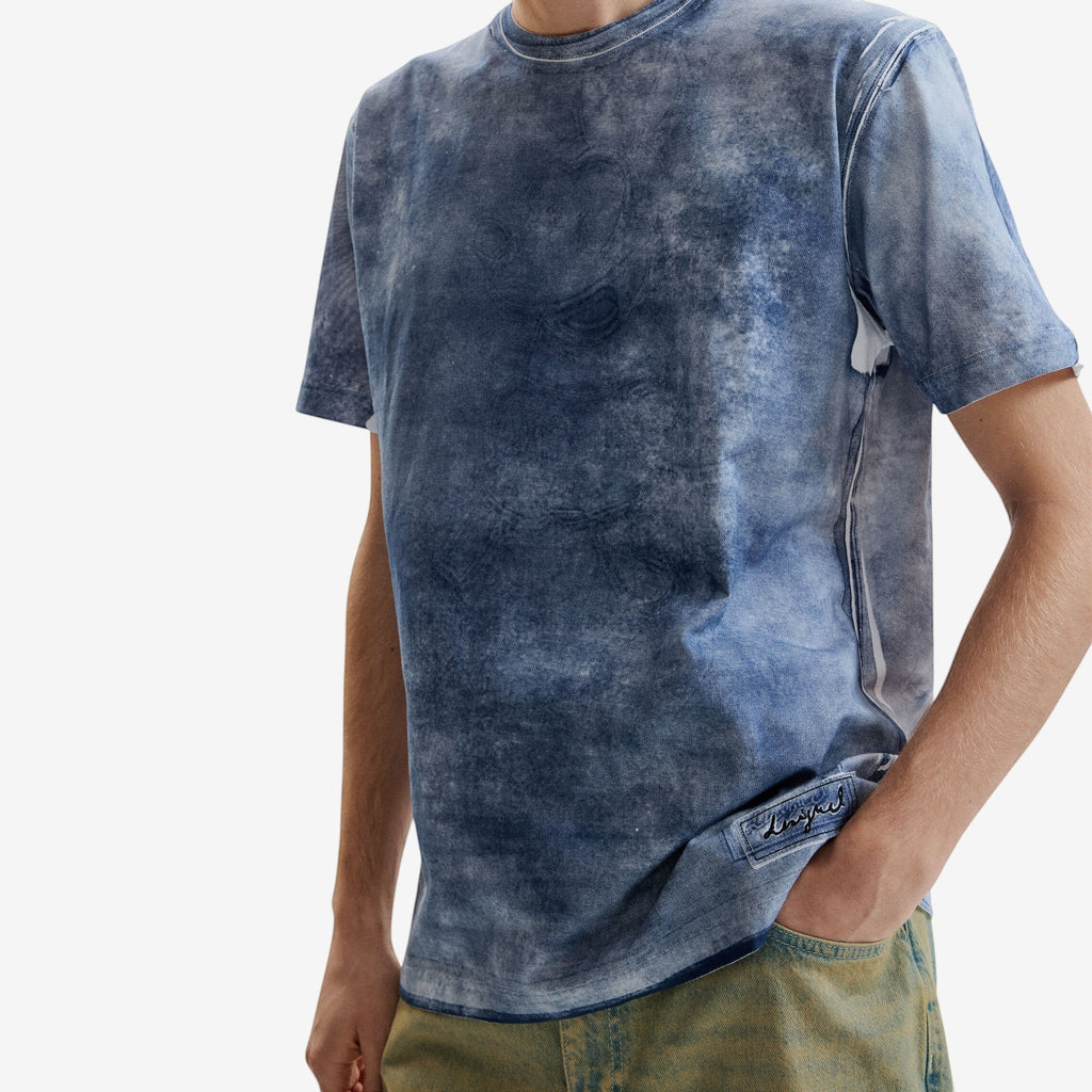 Once Upon Magic blue tie-dye cotton t-shirt with a distressed print, crew neck, short sleeves, and a Desigual logo patch.