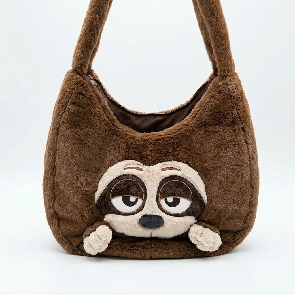 Once Upon Magic brown fuzzy sloth face shoulder bag with sleepy eyes and paws