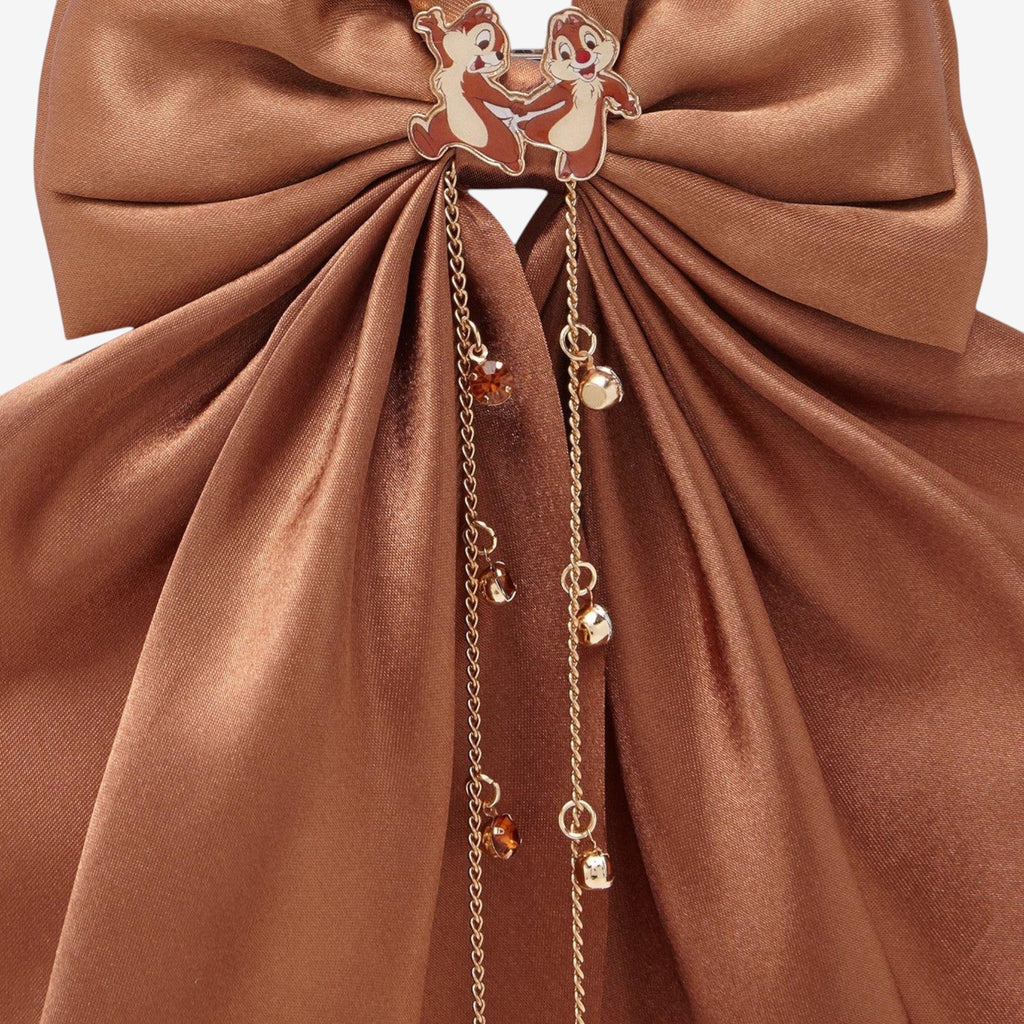 Once Upon Magic brown satin hair bow with Chip 'n' Dale charm and dangling gold chains.