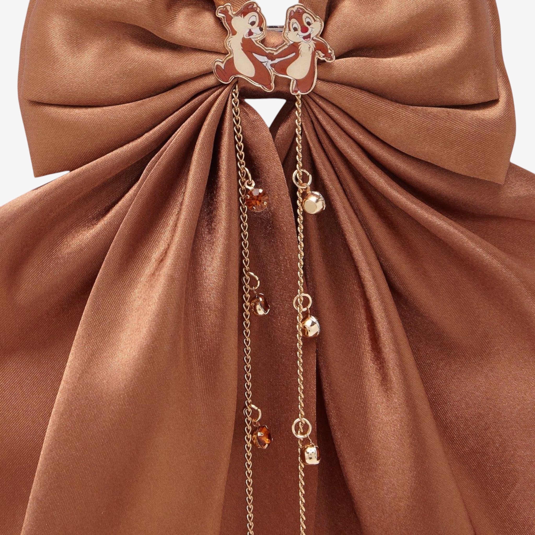 Once Upon Magic brown satin hair bow with Chip 'n' Dale charm and dangling gold chains.