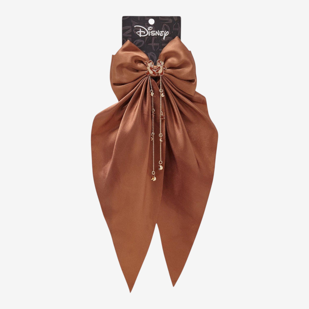Once Upon Magic brown satin bow hair clip with dangling chains and a Tic & Tac charm.