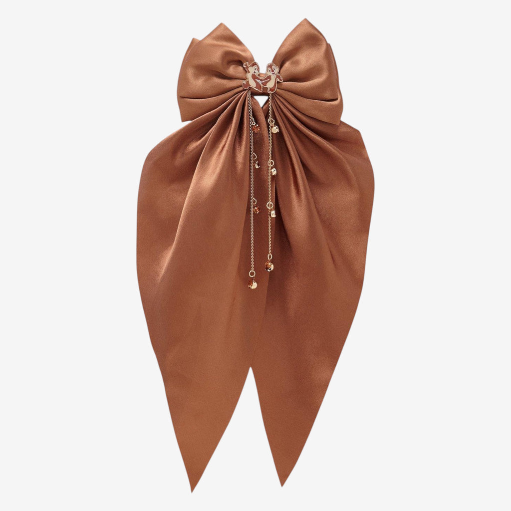 Once Upon Magic brown satin hair bow with Tic & Tac enamel charm and gold chains