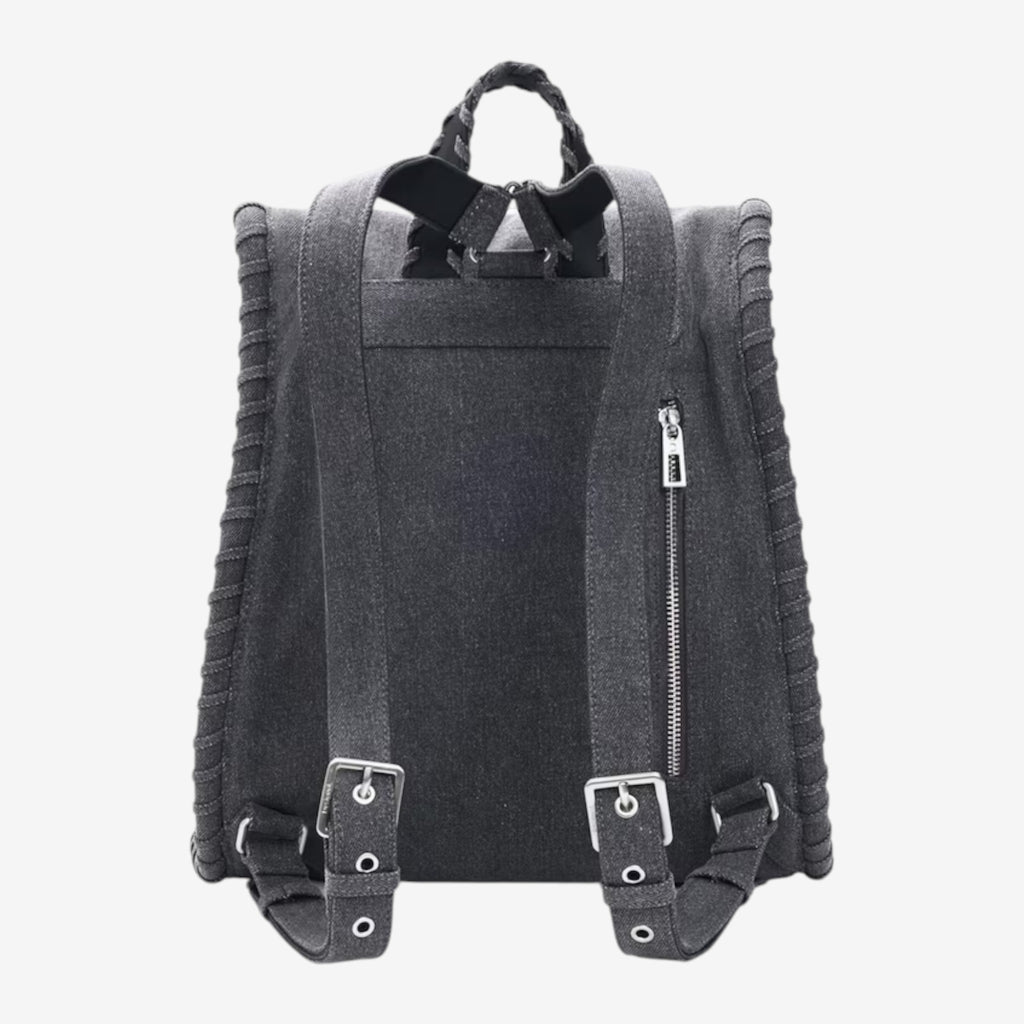 Once Upon Magic charcoal grey denim-look backpack with Mickey Mouse graphic, flap-over closure, zip pocket, and adjustable straps.
