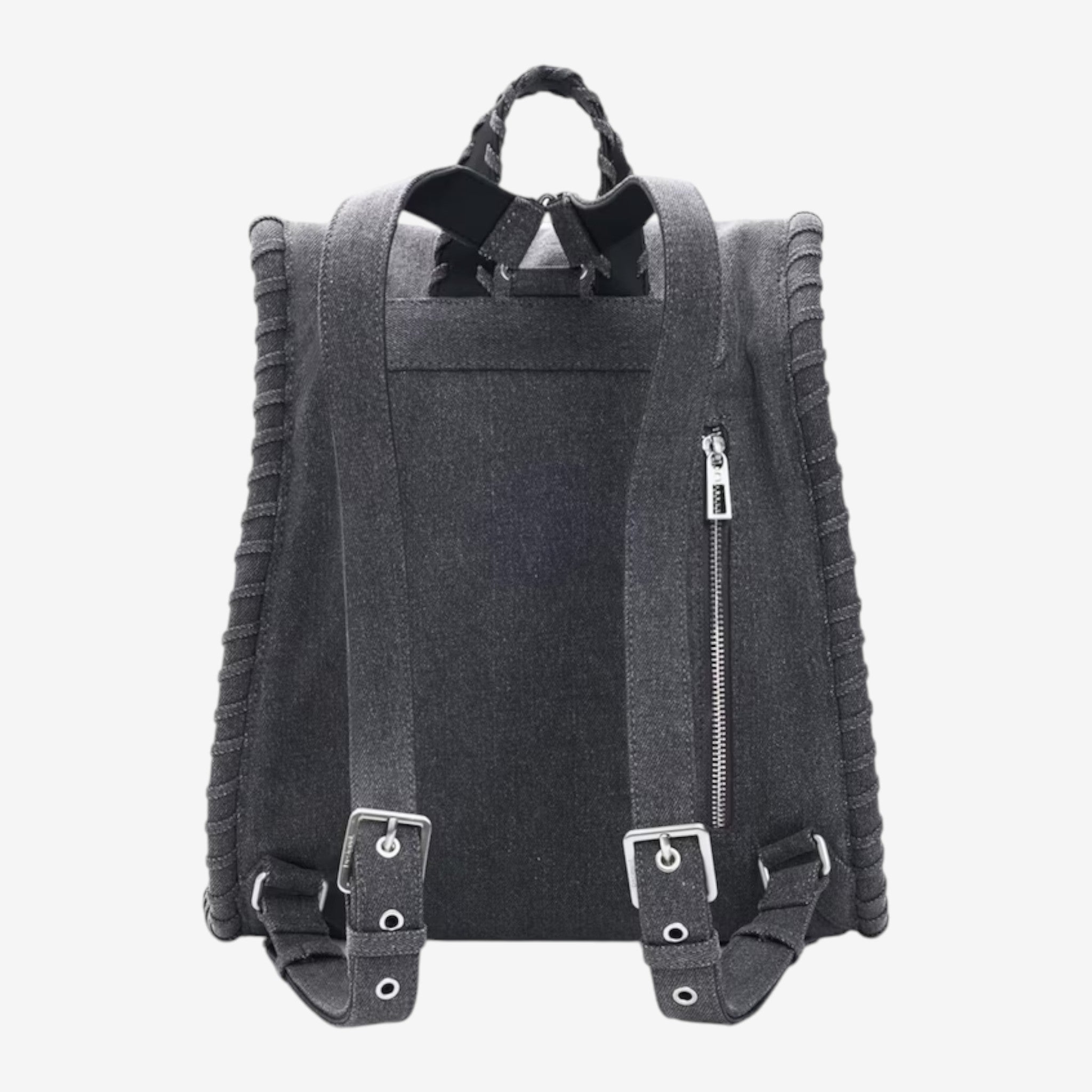 Once Upon Magic charcoal grey denim-look backpack with Mickey Mouse graphic, flap-over closure, zip pocket, and adjustable straps.