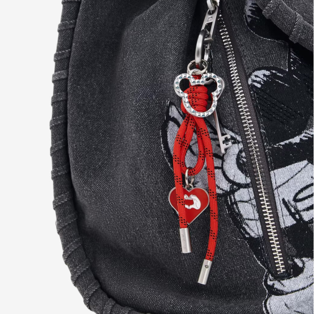 Once Upon Magic charcoal grey denim-look backpack with Mickey Mouse graphic and red heart charm. Adjustable straps.