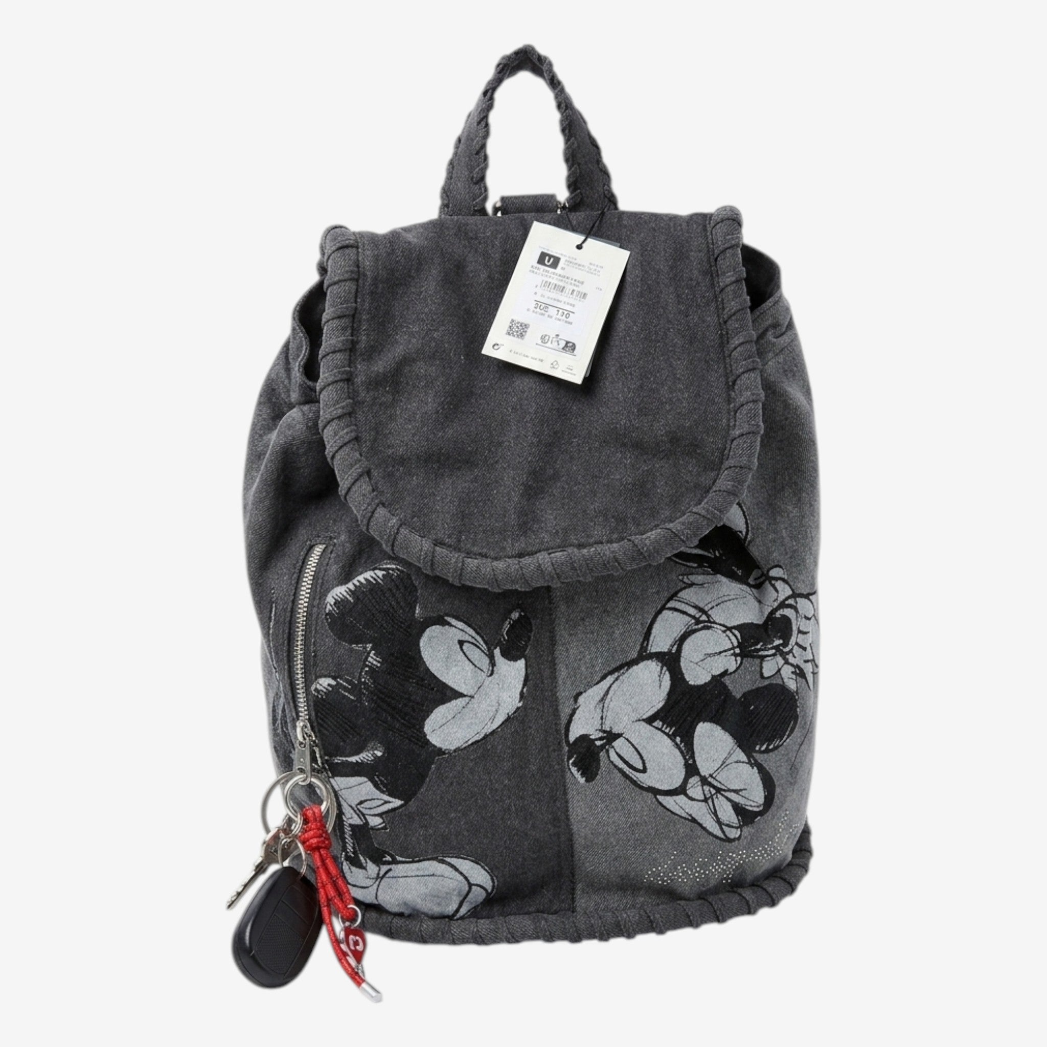 Once Upon Magic charcoal grey denim-look backpack with Mickey Mouse graphic print, flap closure, zip pocket, and adjustable straps.