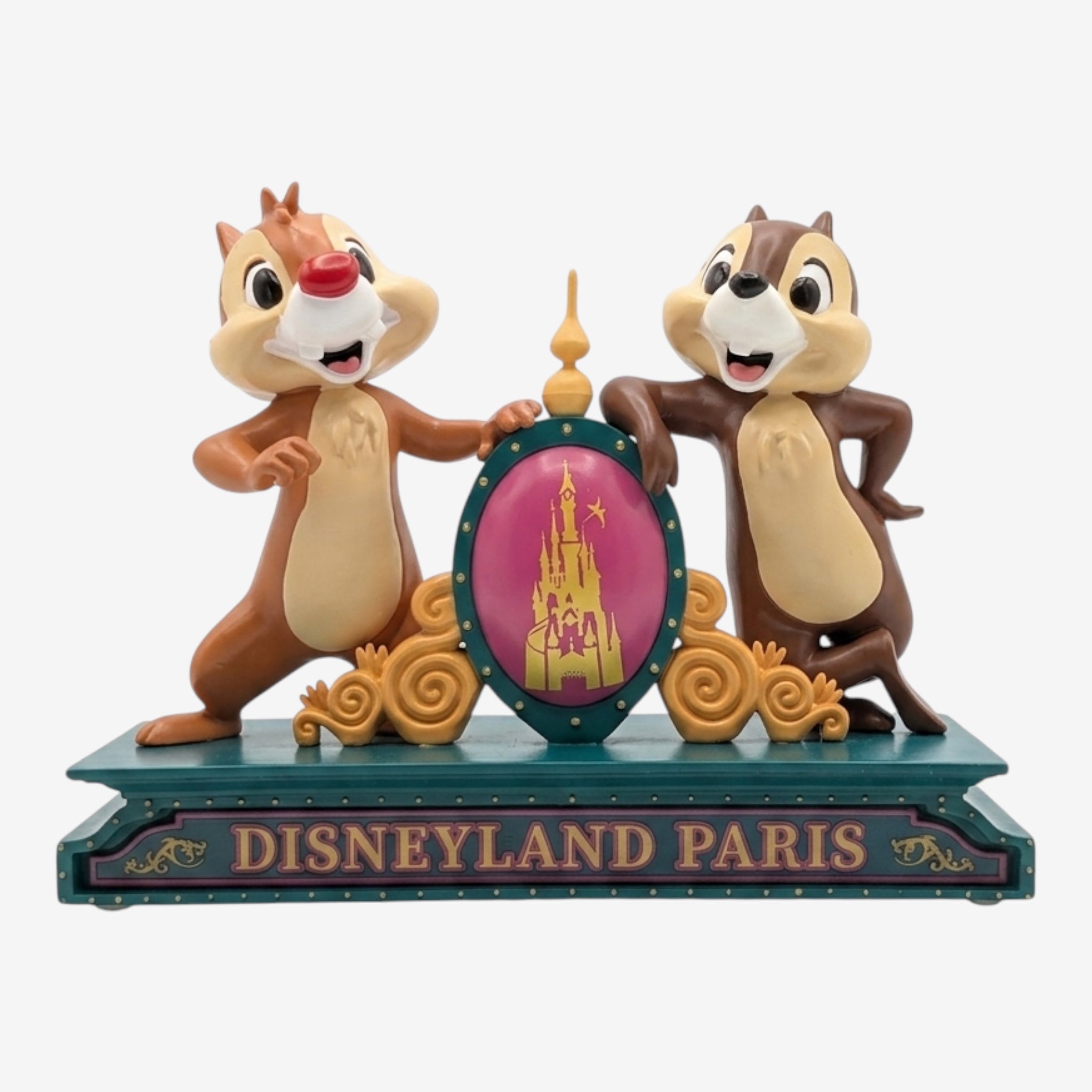 Once Upon Magic Disneyland Paris Chip 'n' Dale resin figurine with Sleeping Beauty Castle emblem. Hand-painted.