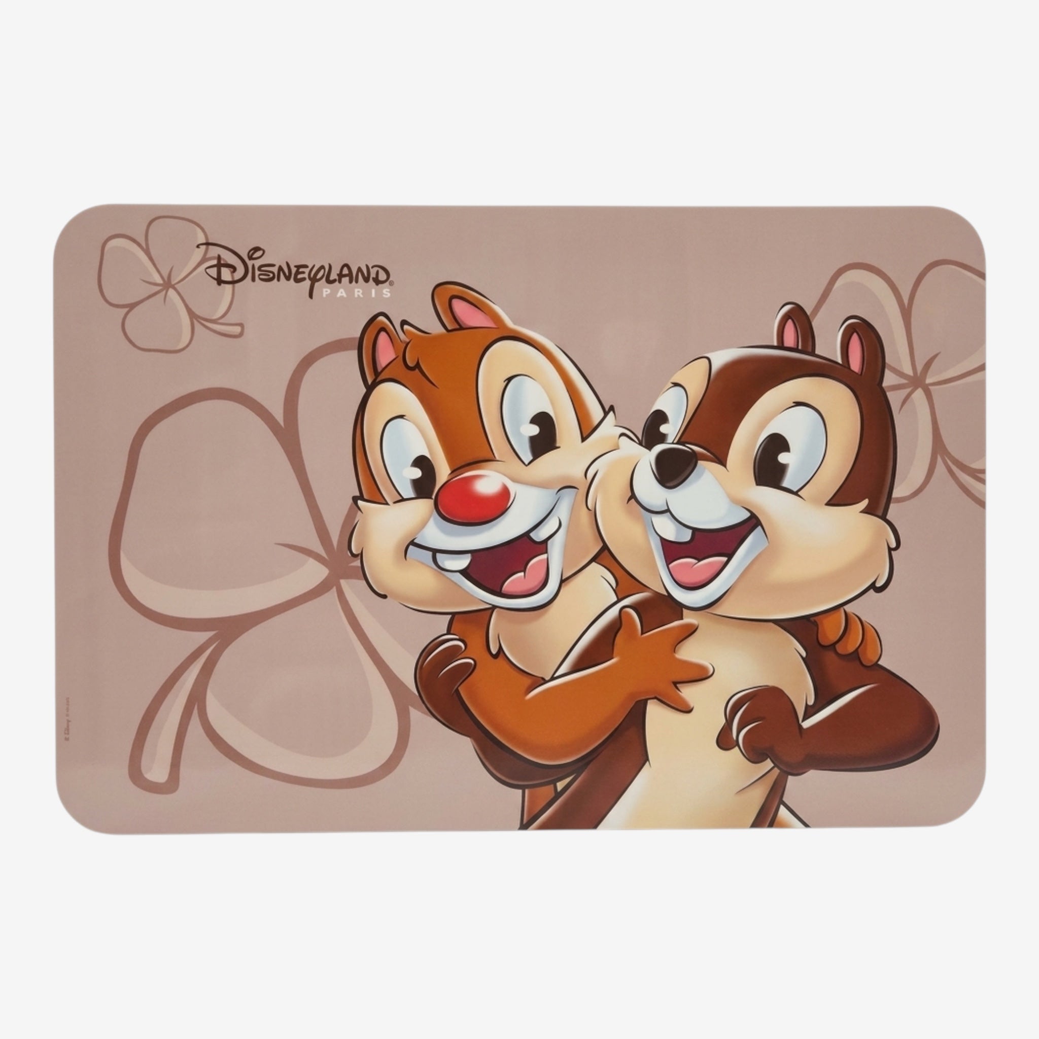 Once Upon Magic Disneyland Paris Chip 'n' Dale placemat with clover pattern. Features Chip and Dale hugging on a beige background.