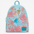 Once Upon Magic blue mini backpack with Cinderella surrounded by pink and coral roses. Faux leather.