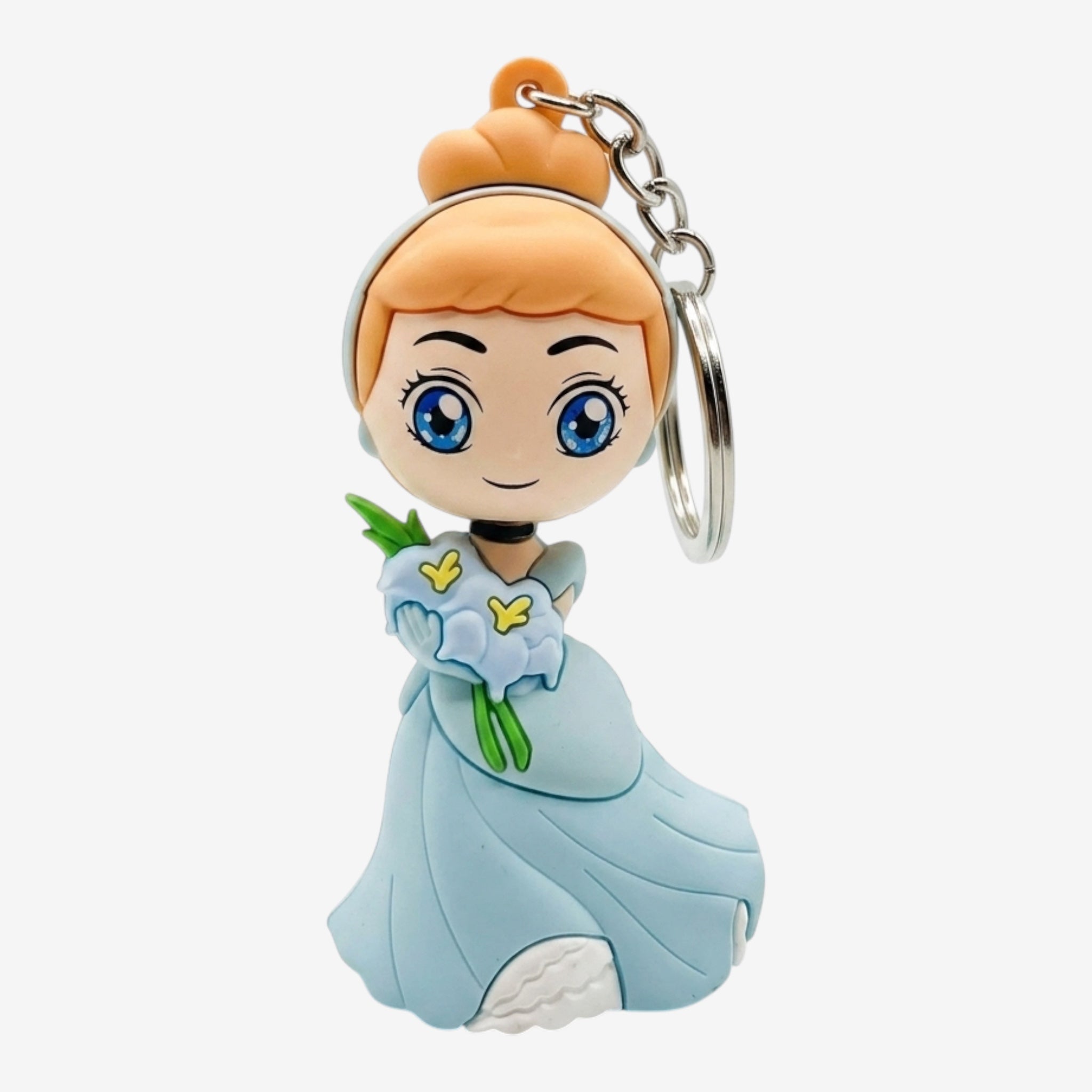 Once Upon Magic Cinderella 3D PVC keychain in light blue ballgown holding a bouquet of blue flowers, with silver keyring.