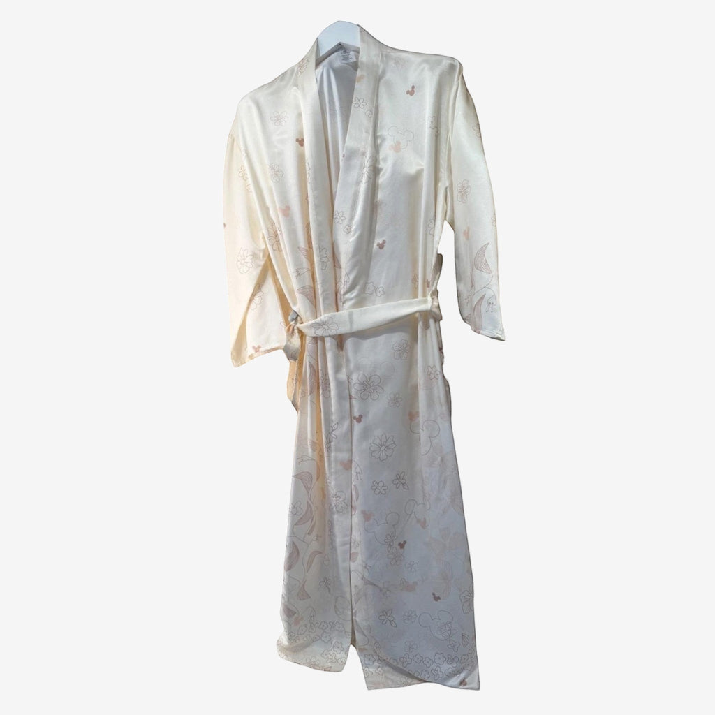 Once Upon Magic cream satin Disney Glamour robe with subtle Mickey Mouse and floral print, tie waist, exclusive Disneyland Paris.