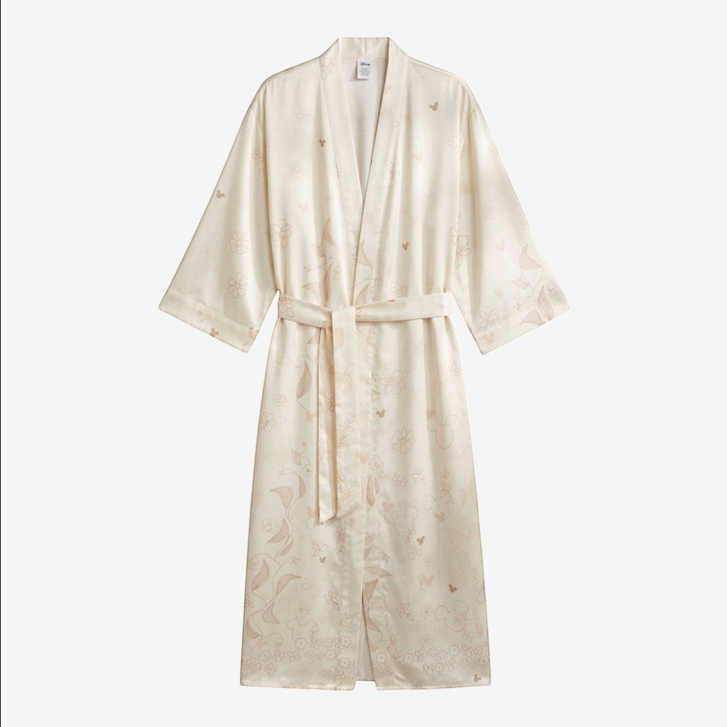 Once Upon Magic cream satin kimono robe with subtle Disney character and floral print, belted waist, short sleeves.