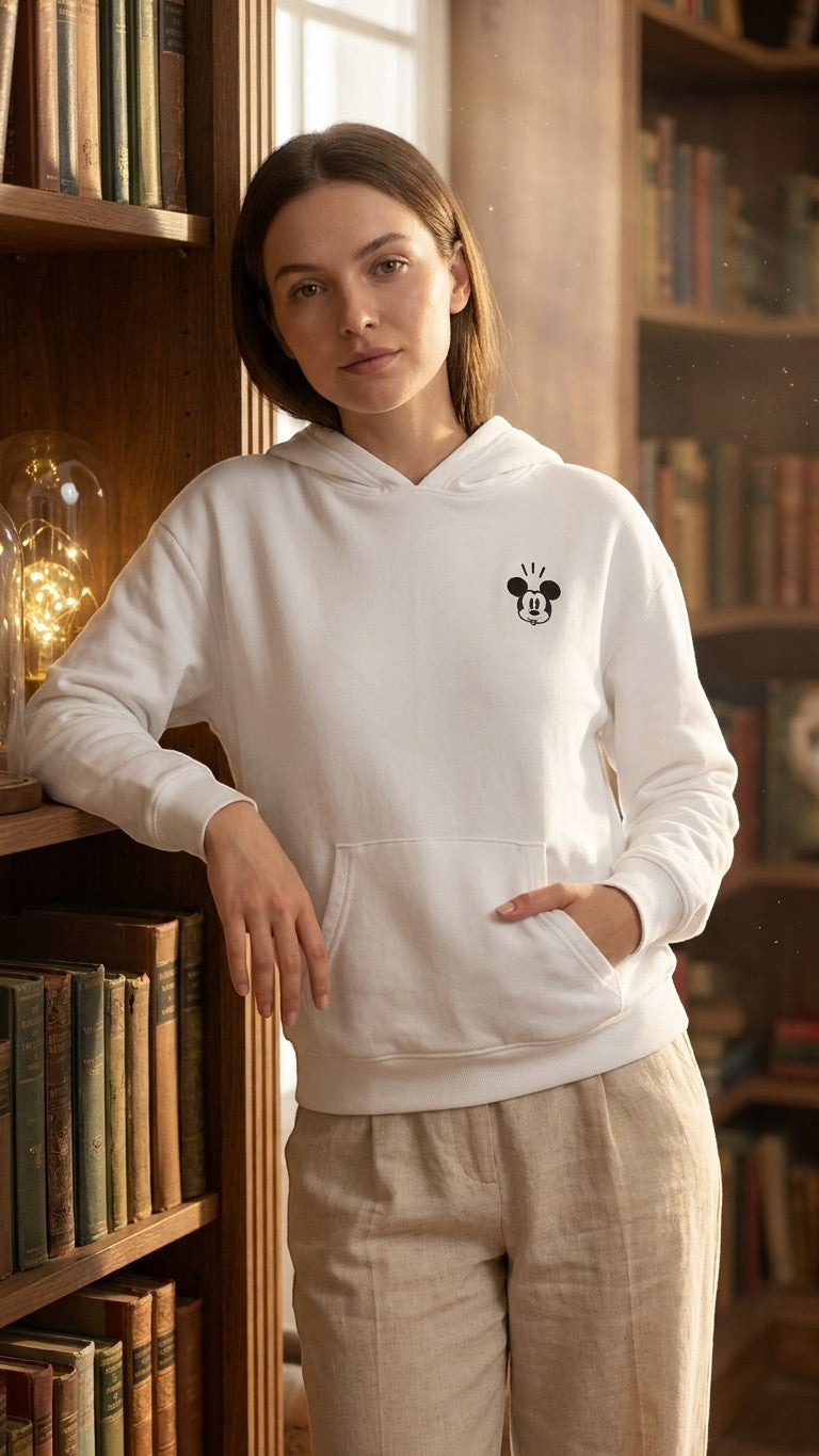 Once Upon Magic cream hoodie with Mickey Mouse graphic on front, relaxed fit, hood, and front pocket.