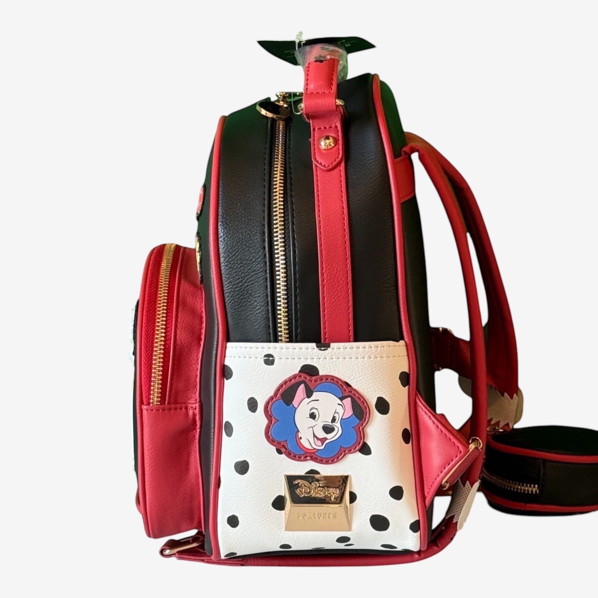 Once Upon Magic black, red, and white faux leather backpack with Dalmatian Friends theme, polka dots, and matching coin purse.