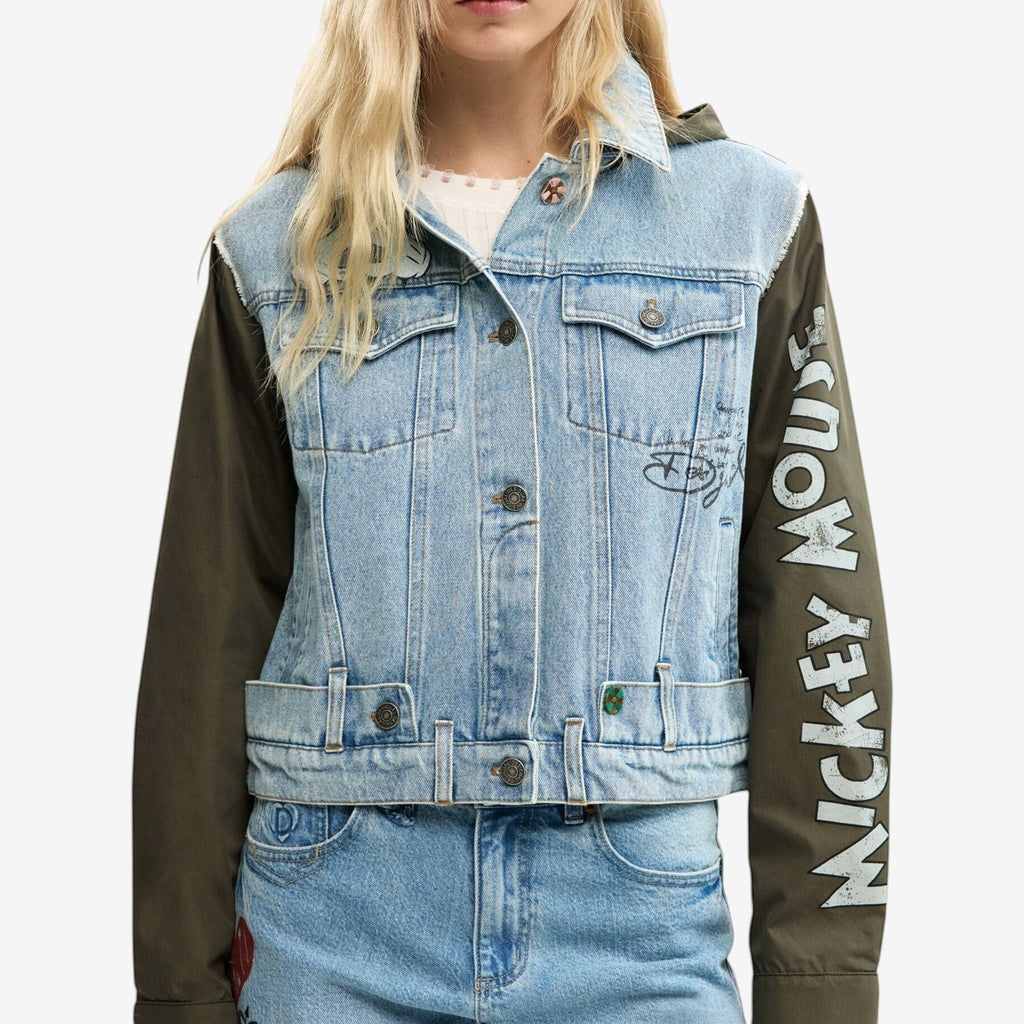 Once Upon Magic denim jacket with khaki sleeves featuring Mickey Mouse print. A unique Desigual x Disneyland Paris collaboration.