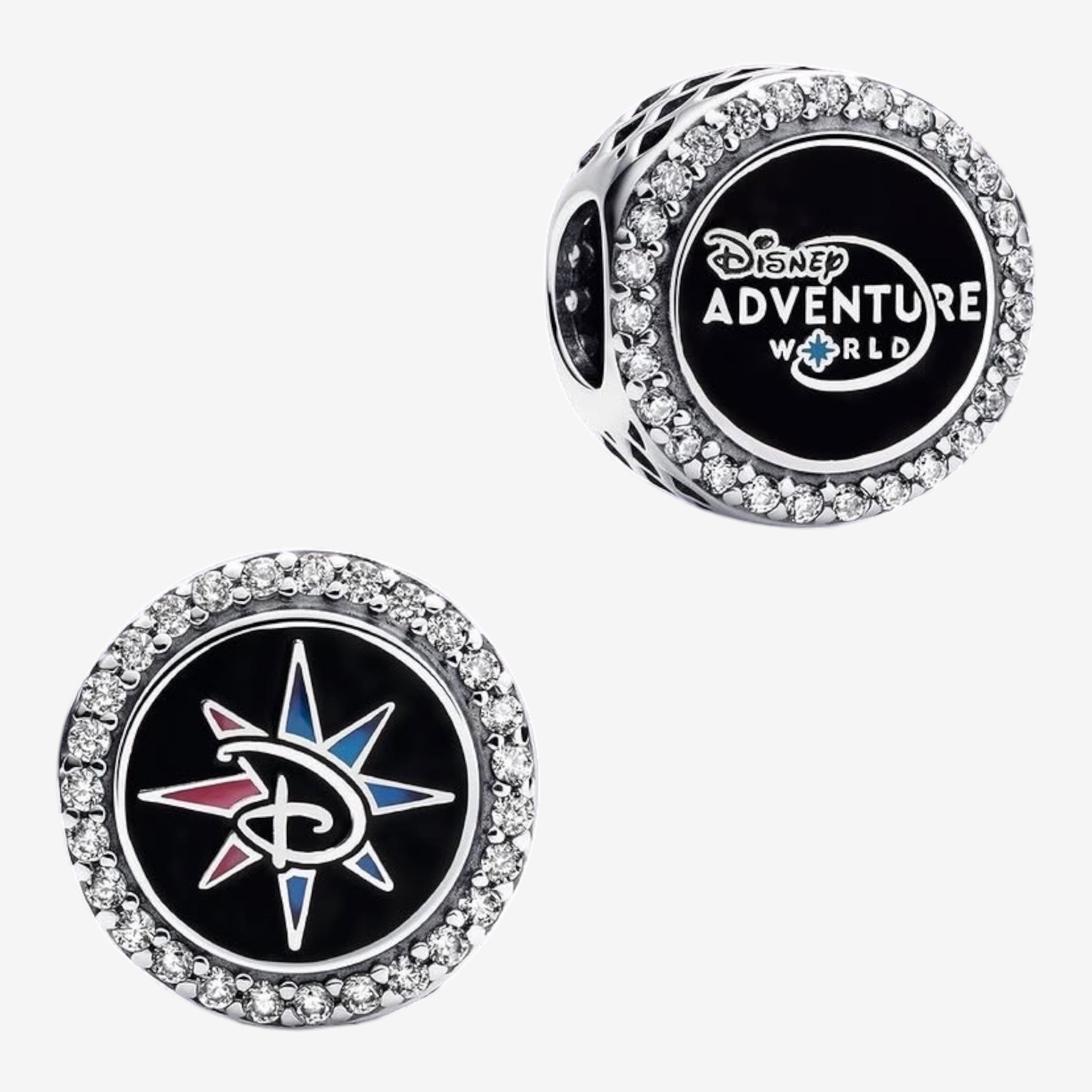 Once Upon Magic sterling silver charm with Disney Adventure World logo and compass design, encrusted with crystals.