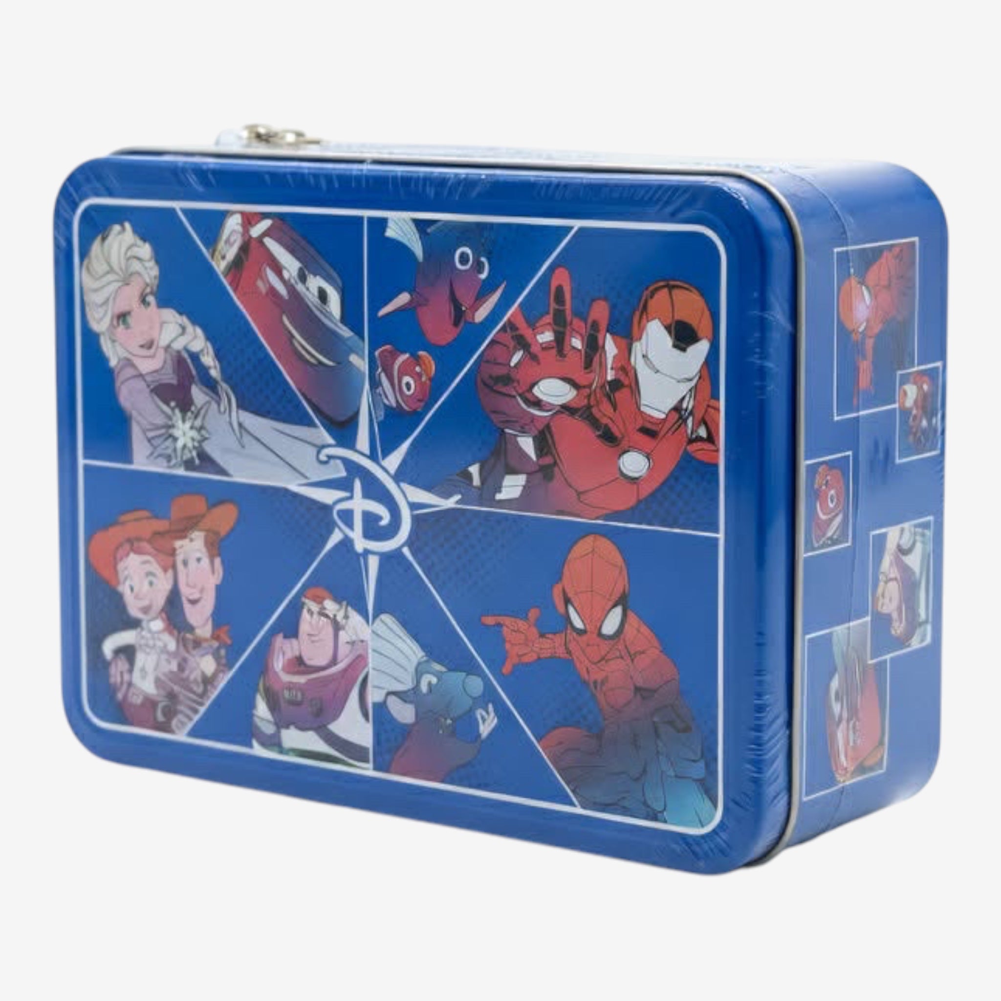 Once Upon Magic blue metal tin featuring Disney characters Elsa, Lightning McQueen, Woody, Buzz Lightyear, Nemo, and Spider-Man.