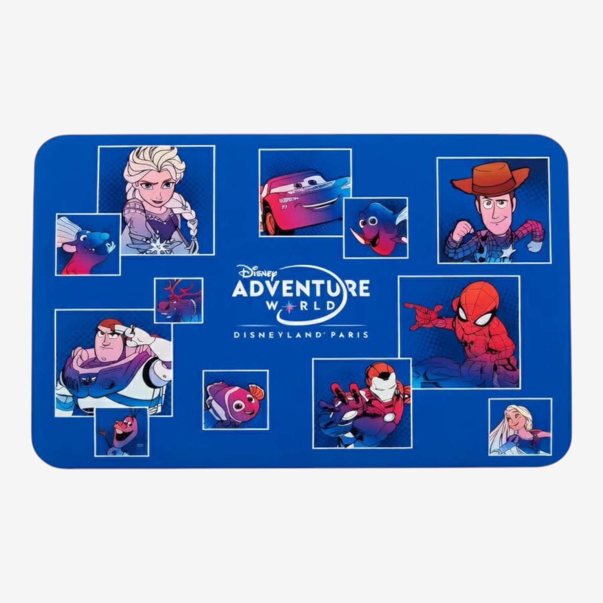 Once Upon Magic blue Disney Adventure World Disneyland Paris placemat featuring characters like Elsa, Lightning McQueen, Woody, Buzz Lightyear, Spider-Man, and Nemo.
