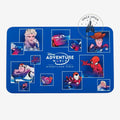 Once Upon Magic blue Disney Adventure World Disneyland Paris placemat featuring characters like Elsa, Lightning McQueen, Woody, Buzz Lightyear, Spider-Man, and Nemo.