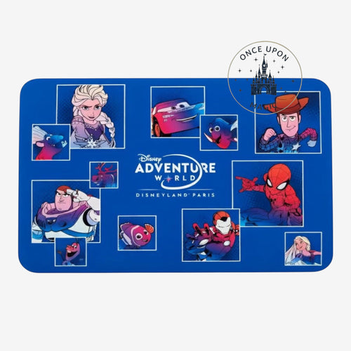 Once Upon Magic blue Disney Adventure World Disneyland Paris placemat featuring characters like Elsa, Lightning McQueen, Woody, Buzz Lightyear, Spider-Man, and Nemo.