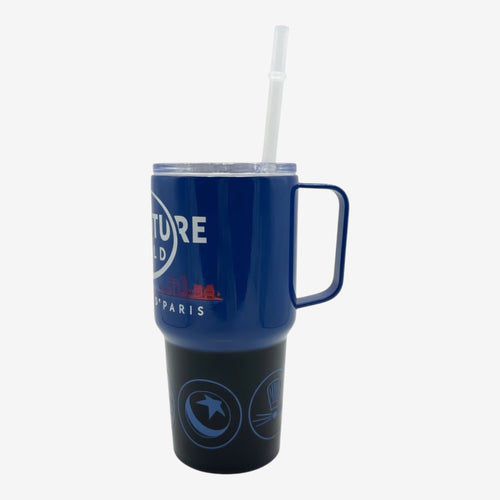 Once Upon Magic blue and black Disney Adventure World tumbler with lid and straw, featuring park icons.