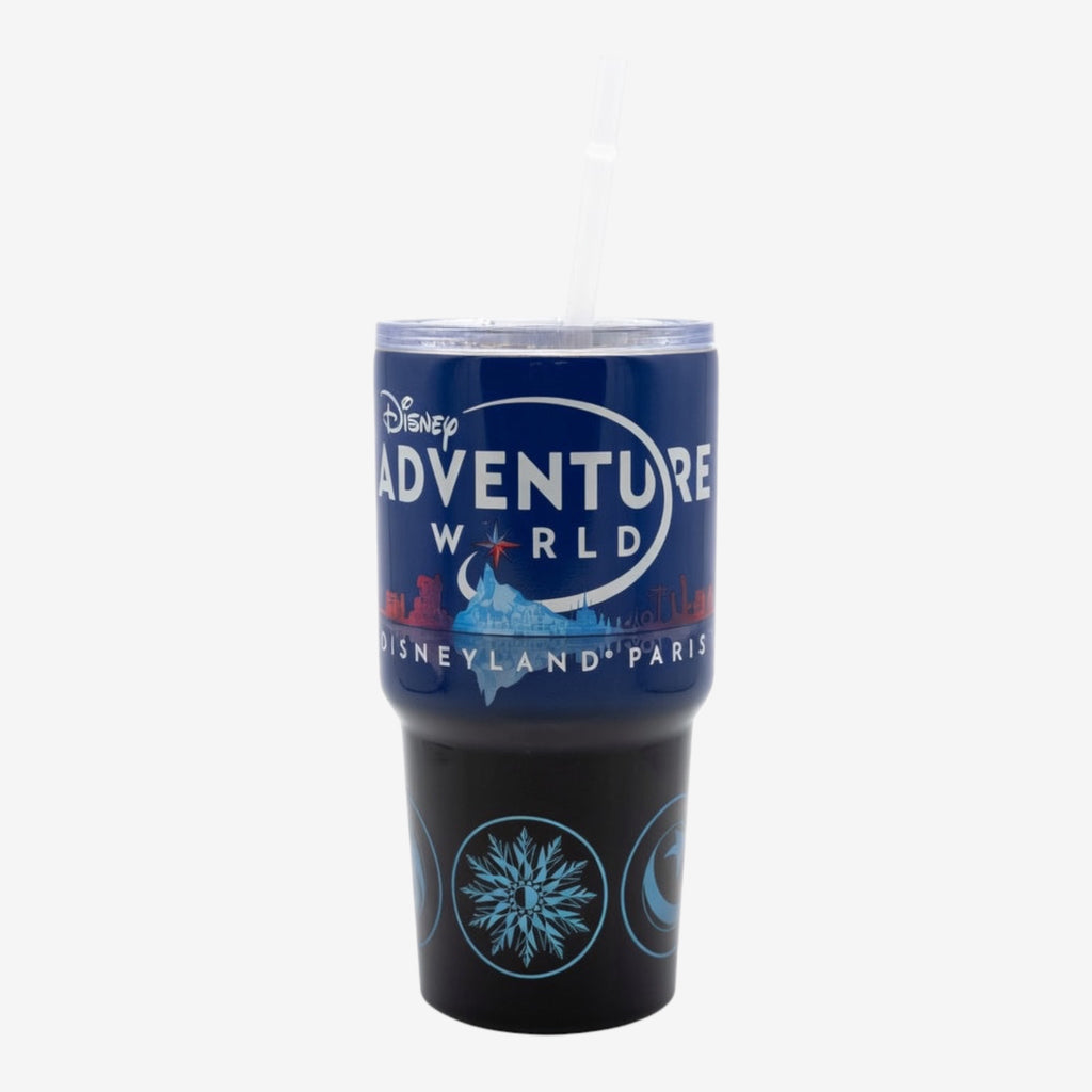 Once Upon Magic blue and black Disney Adventure World tumbler with straw and lid, featuring Disneyland Paris skyline and Disney icons.