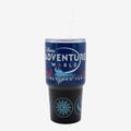 Once Upon Magic blue and black Disney Adventure World tumbler with straw and lid, featuring Disneyland Paris skyline and Disney icons.