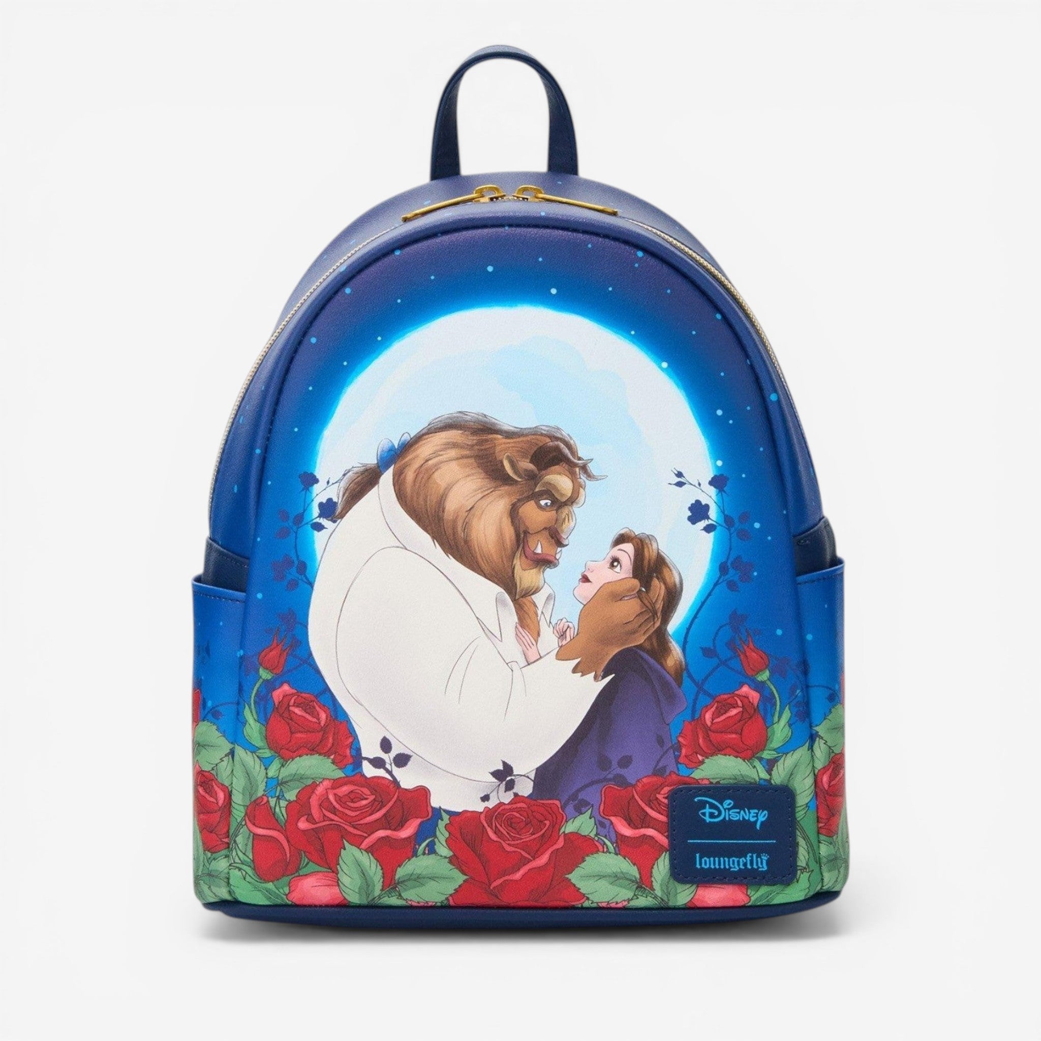 Once Upon Magic Disney La Belle et la Bête mini backpack with Belle and Beast under a full moon, surrounded by red roses. Faux leather.