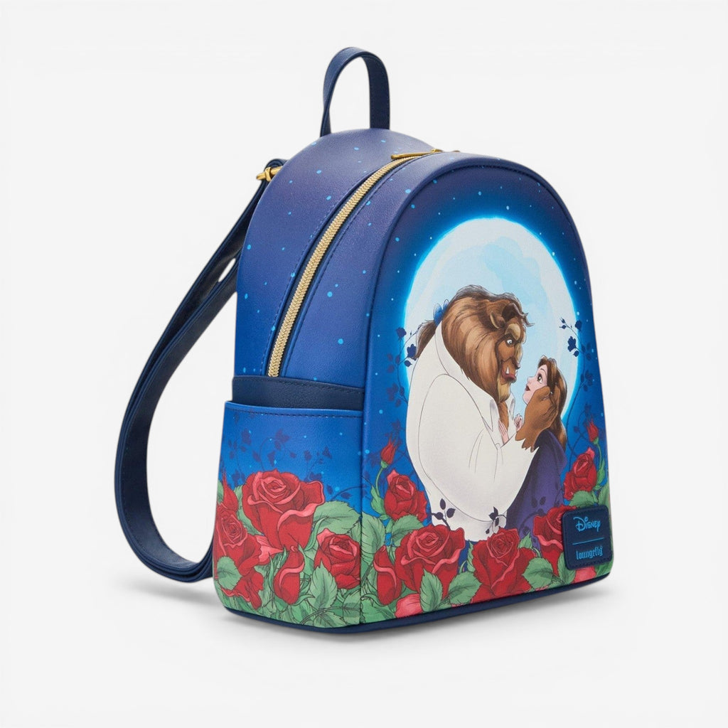 Once Upon Magic Disney La Belle et la Bête mini backpack with Belle and Beast under a full moon, surrounded by red roses. Blue polyurethane.