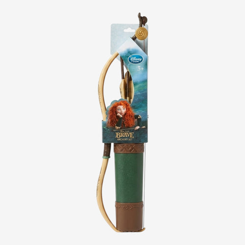 Once Upon Magic Disney Brave Merida archery set with wooden bow, green quiver, and toy arrows. For ages 3+.