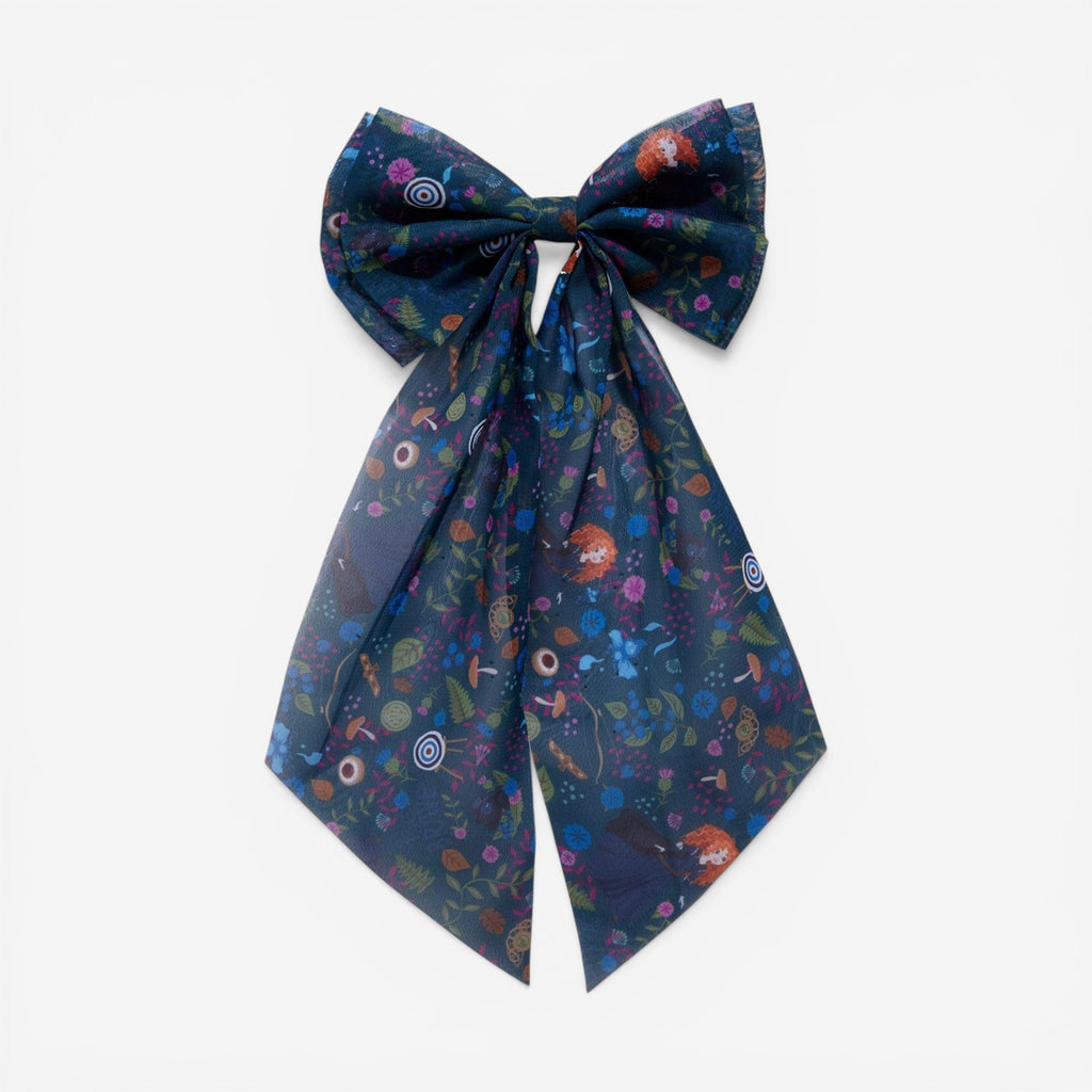 Once Upon Magic Disney Pixar Brave Merida floral print hair bow with flowing tails. Polyester fabric.