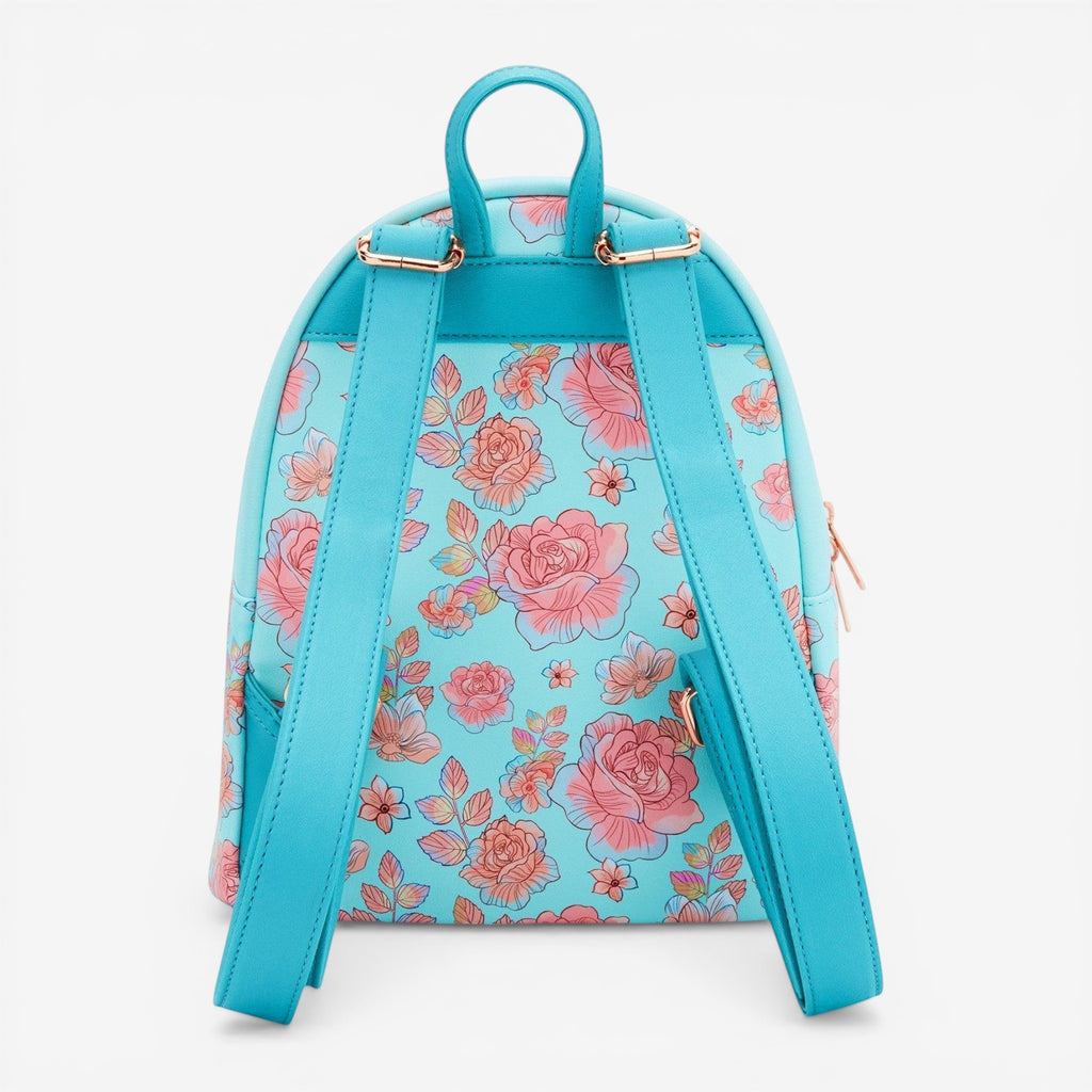 Once Upon Magic Disney Cinderella floral mini backpack with pink roses on a blue background. Adjustable straps.