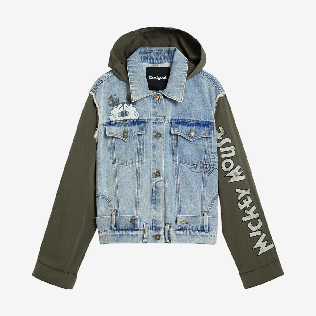 Once Upon Magic x Disneyland Paris denim jacket with green sleeves, featuring Mickey Mouse graphic and text.