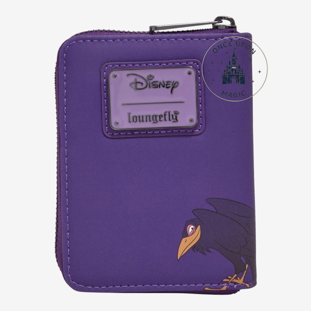 Once Upon Magic Loungefly Disney Sleeping Beauty Maleficent purple faux leather wallet with raven applique and Disney/Loungefly logo plate.