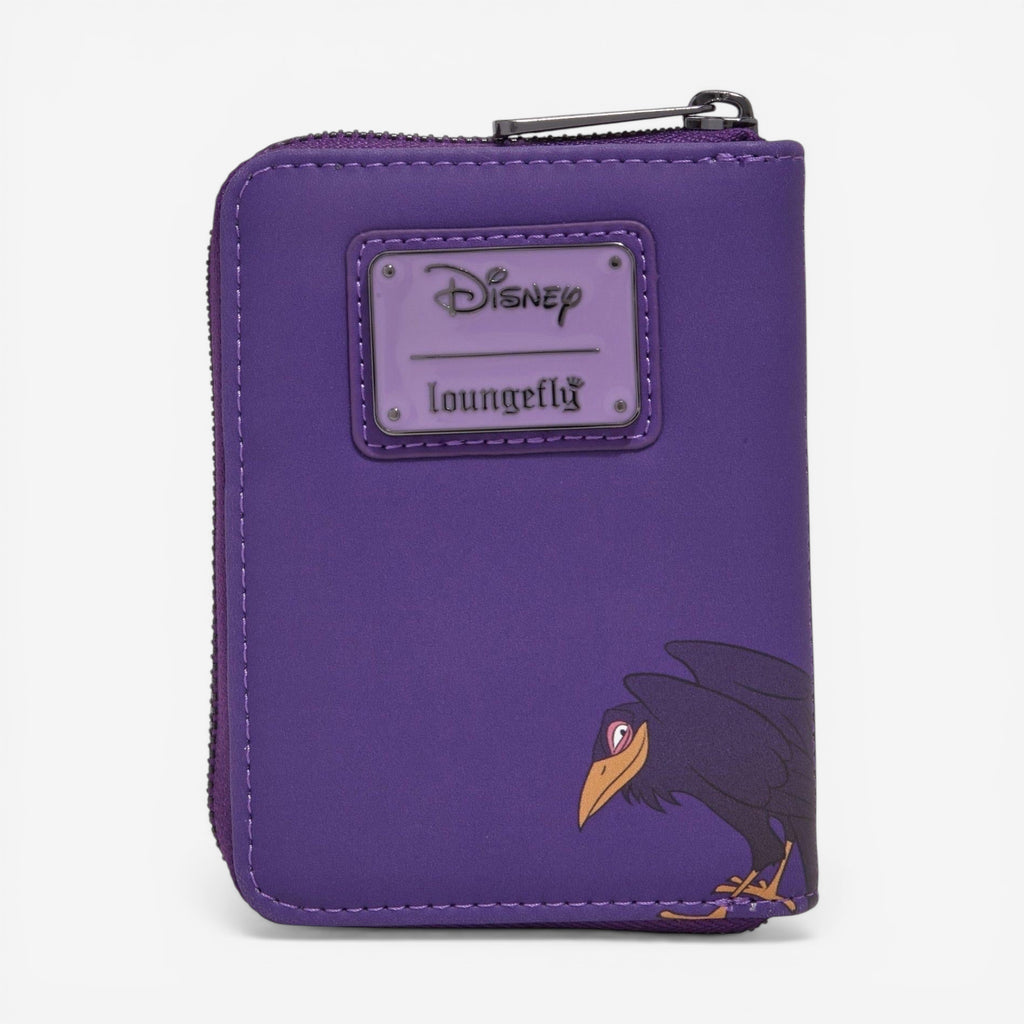 Once Upon Magic Loungefly Disney Sleeping Beauty Maleficent purple faux leather wallet with raven applique and Disney/Loungefly logo plate.