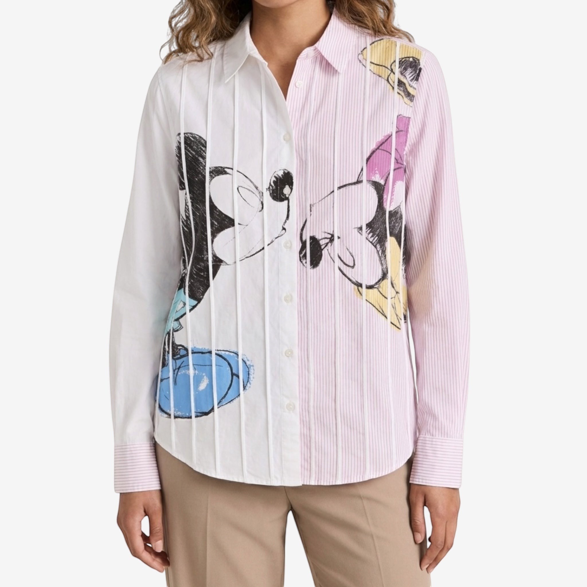 Once Upon Magic x Disneyland Paris white and pink striped cotton shirt with Mickey and Minnie Mouse graphic print.