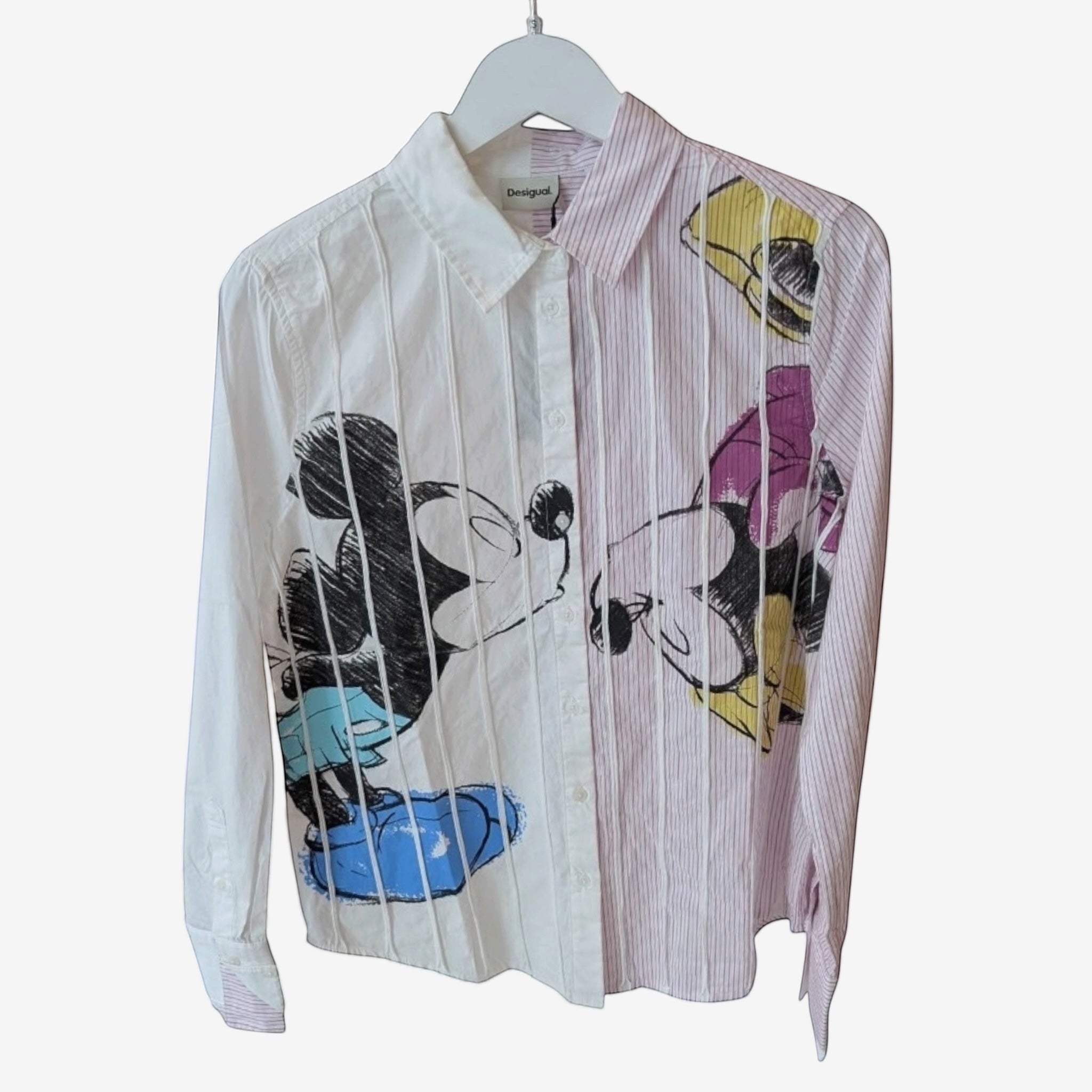 Once Upon Magic x Disneyland Paris white and pink striped cotton shirt with Mickey and Minnie Mouse graphic print.