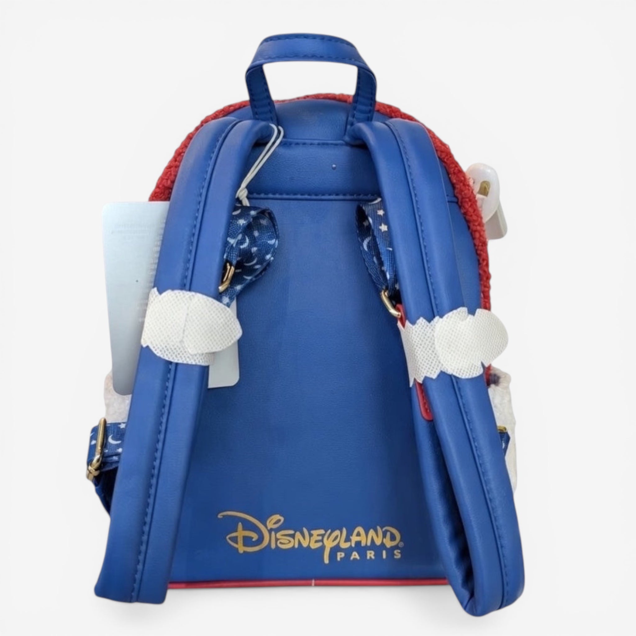 Once Upon Magic blue faux leather mini backpack with red trim, featuring Mickey Mouse as the Sorcerer's Apprentice and Disneyland Paris logo.
