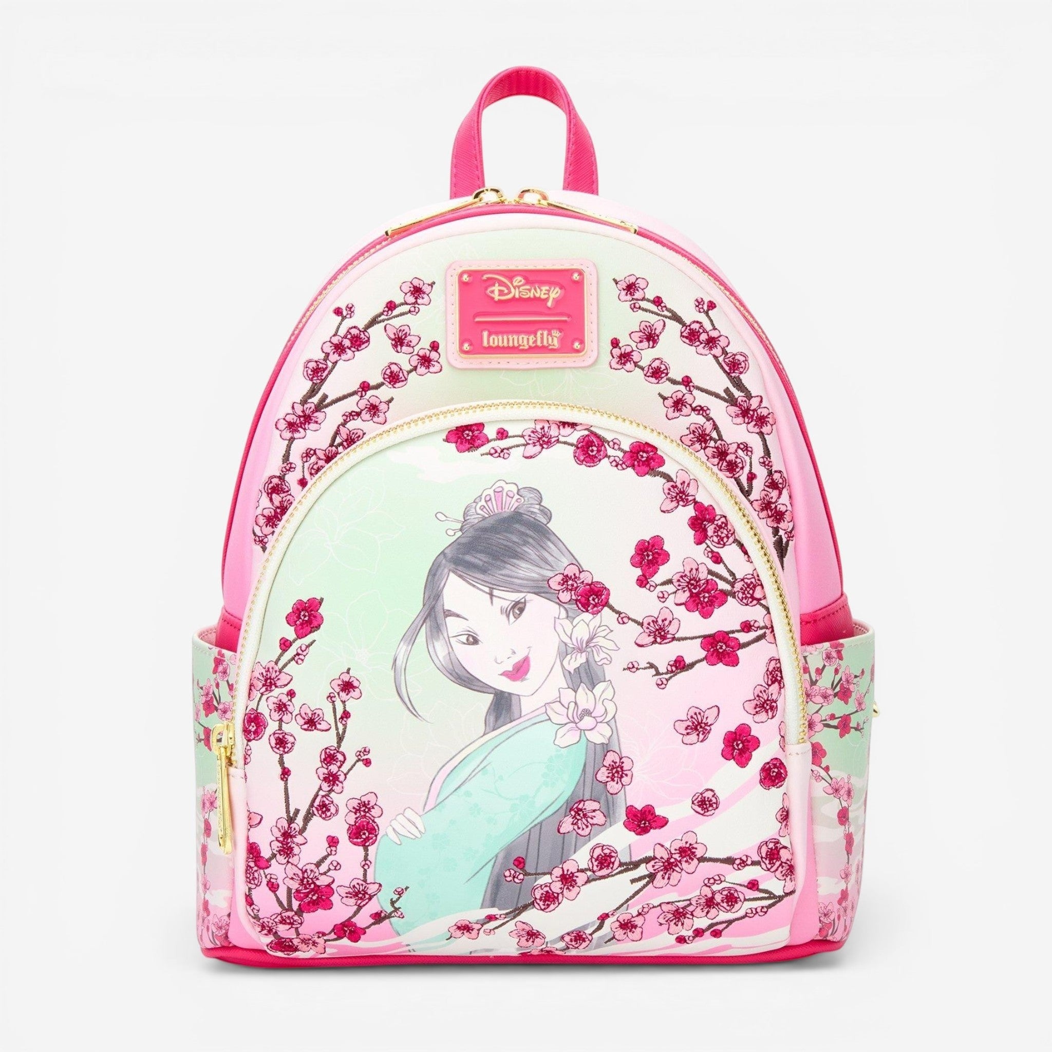 Once Upon Magic Disney Mulan mini backpack with cherry blossom print and pink trim. Made of polyurethane.