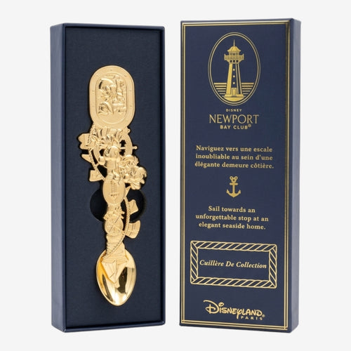 Once Upon Magic Disney Newport Bay Club collectible spoon, gold finish, featuring Mickey and Minnie in sailor outfits with nautical details.