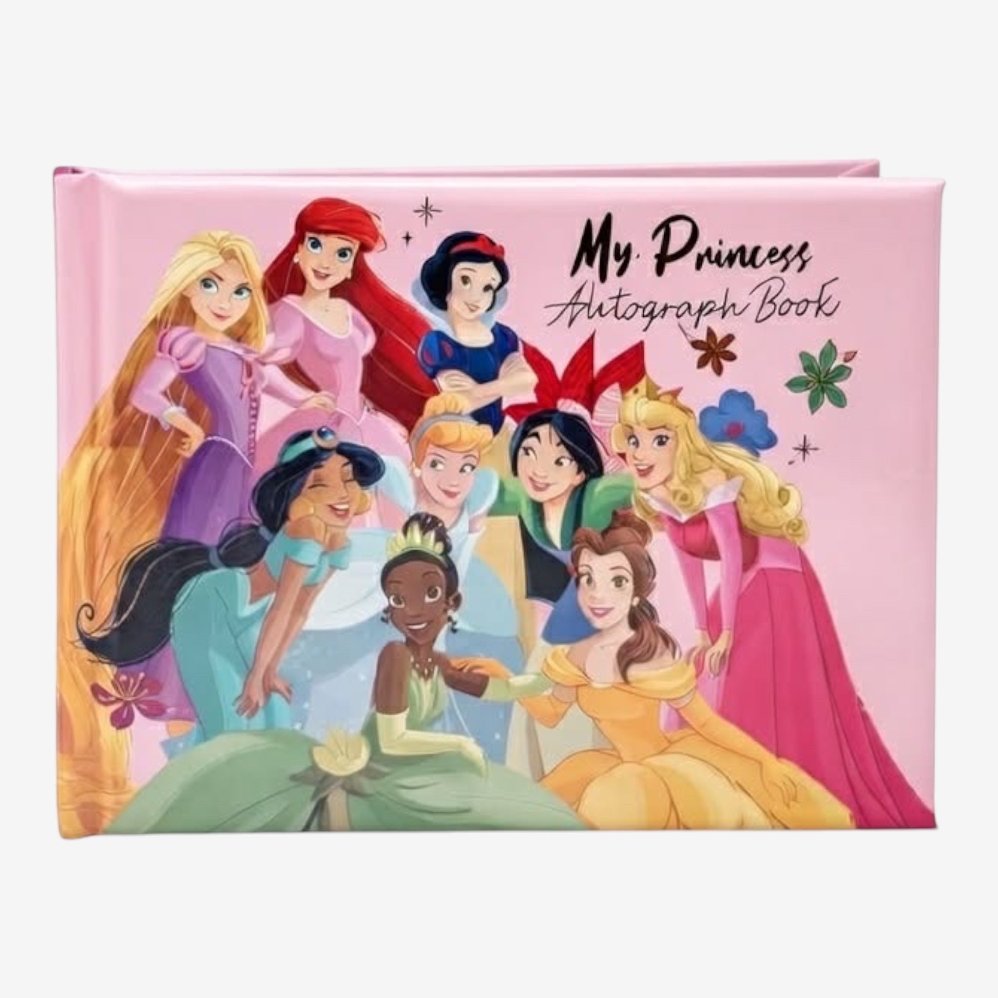 Once Upon Magic pink Disney Princesses autograph book featuring Ariel, Rapunzel, Snow White, Jasmine, Cinderella, Aurora, Belle, and Tiana.