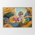 Once Upon Magic Rapunzel lithograph with golden hair swinging from a tower, with Pascal the chameleon and Flynn Rider nearby.