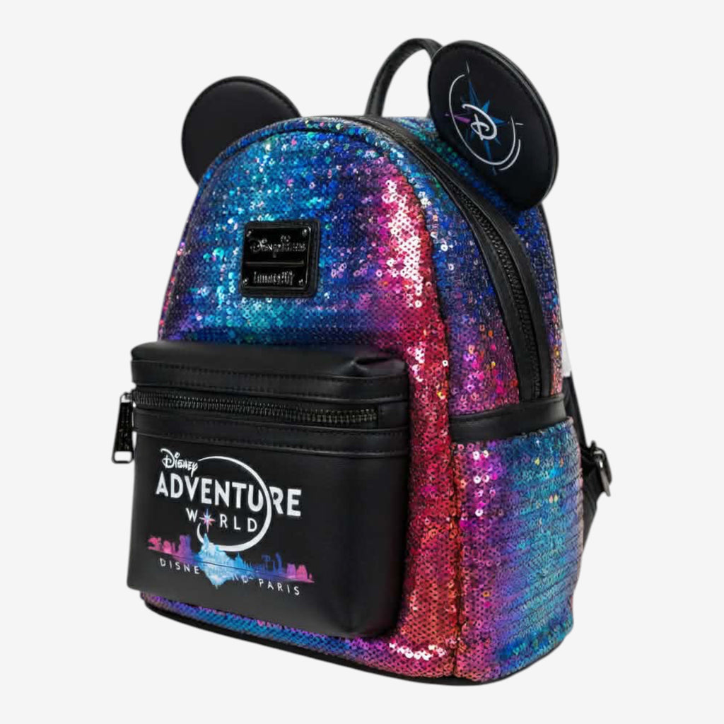 Once Upon Magic Disneyland Paris Adventure World mini backpack with multicoloured sequins and Mickey ears.