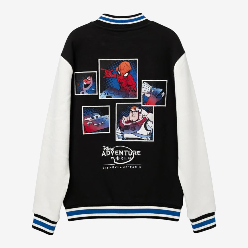 Once Upon Magic black and white varsity teddy jacket for kids featuring Disney characters like Spider-Man, Buzz Lightyear, and Lightning McQueen.