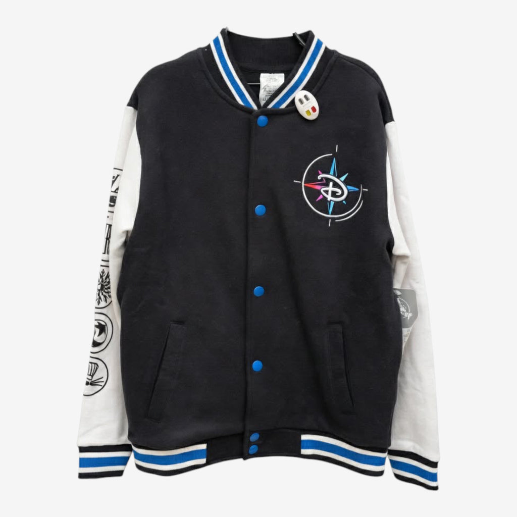 Once Upon Magic black and white varsity teddy jacket for kids with Disney Adventure World compass logo and character graphics on sleeves.