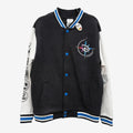 Once Upon Magic black and white varsity teddy jacket for kids with Disney Adventure World compass logo and character graphics on sleeves.